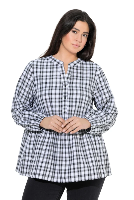 Ulla Popken Womenswear Plus Size Curvy Checked Flounce Panel Button Down Blouse black 50+ 835975100-50+