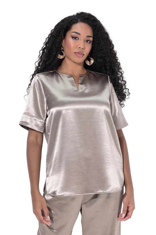 Ulla Popken Womenswear Plus Size Curvy Metallic Satin Short Sleeve Blouse Gold 42+ 842767650-42+