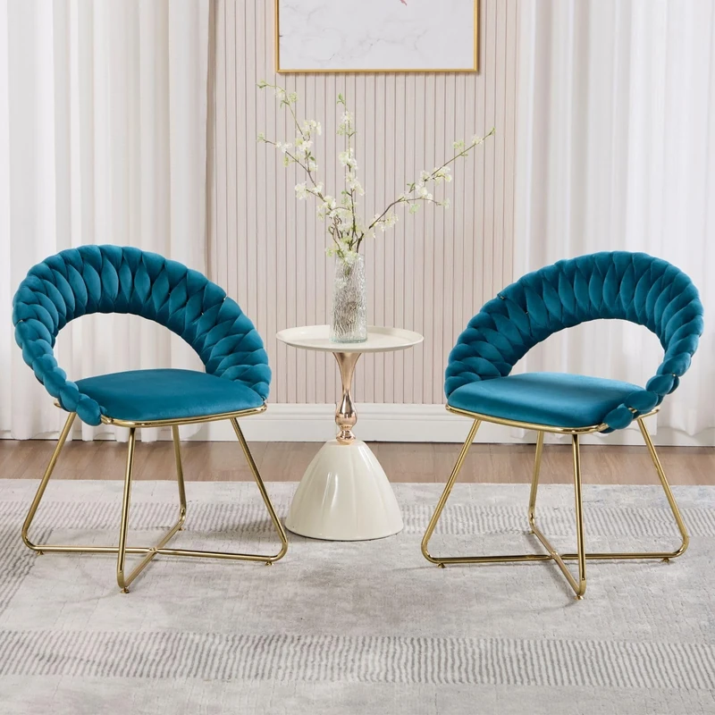 Ya-Home Velvet Armchair Leisure Accent Chair with Woven Backrest, Modern Corner Chair for Bedroom,Teal