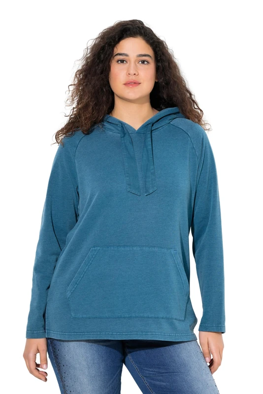Ulla Popken Womenswear Plus Size Curvy Rhinestone Drawstring Moon Wash Hoodie Petrol 50+ 842072751-50+ - Image 1