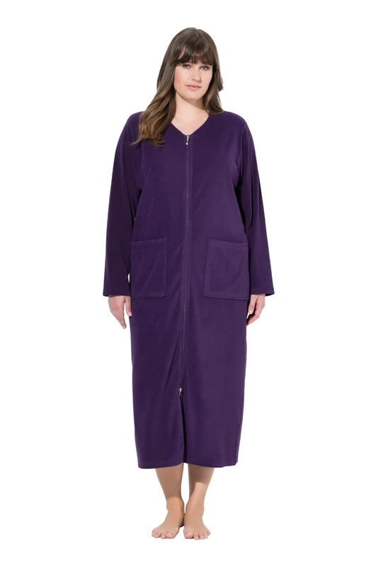 Ulla Popken Womenswear Plus Size Curvy Long Zip Front Cotton Blend Terry Bathrobe Aubergine 74+ 749967846-74+