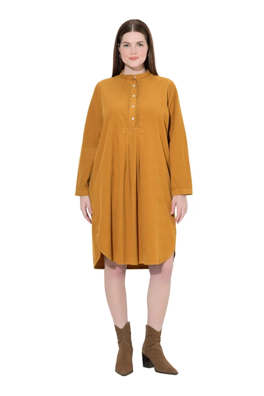 Ulla Popken Womenswear Plus Size Curvy Pleated Long Sleeve Corduroy Dress Golden Brown 26 832921676-52 - Image 1