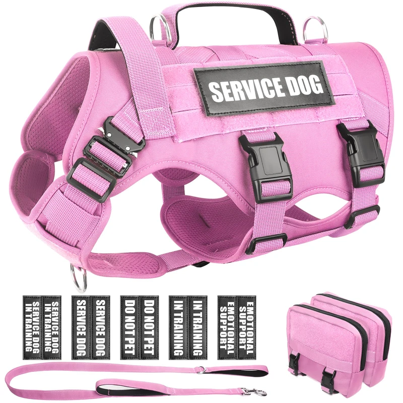 WINSEE Tactical Dog Harness with Dog Leash, Service Working MOLLE Vest with 10 Pet Patches for Dog, No Pull Military Harness and Backpack for Training Hunting Walking