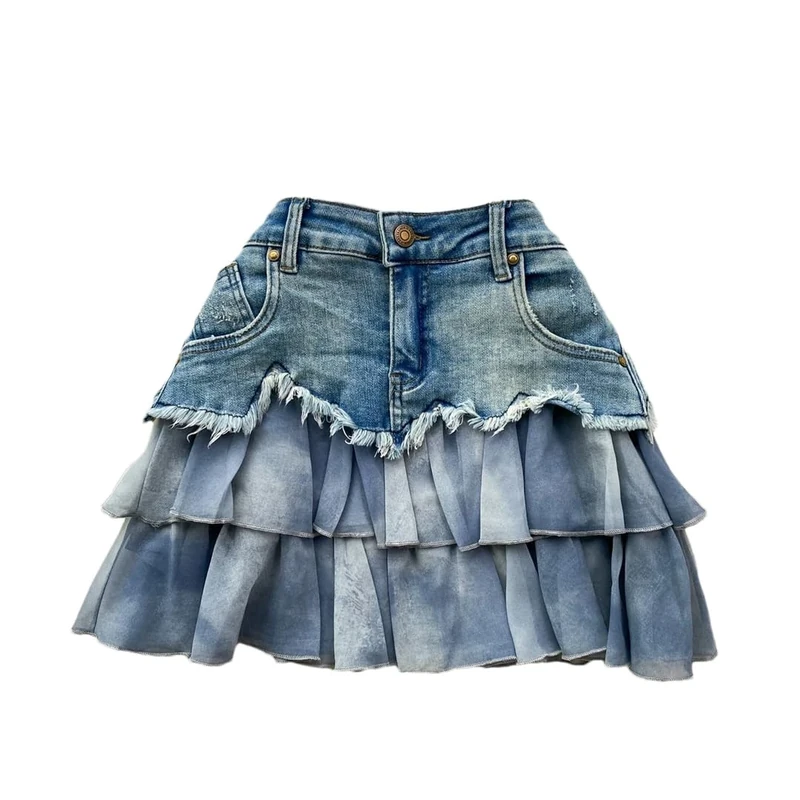 Women’S Chiffon Ruffle Splicing Denim Skirt Casual High Waist Stretch Mini Skirt