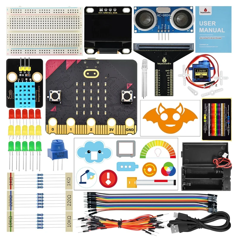 KEYESTUDIO Micro:bit Basic Starter Kit for Teens & Beginners - Electronics Learning Kit with Sensors, LEDs & Tutorials | STEM Education Projects for Coding(Micro:bit Included)