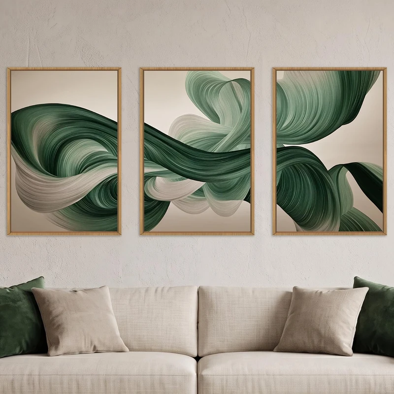 KAIRNE Green Abstract Framed Canvas Wall Art Set,Minimalist Green Lines Wall Decor,Modern Flowing Texture Art Prints,Neutral Smokes Waves Artwork for Living Room,Bedroom,Farmhouse,Office-24 x36 x3