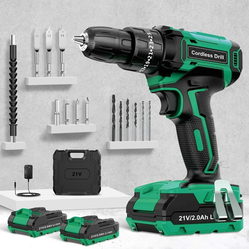 BETENST 21V Hammer Drill - 42Nm Torque, 2x2.0Ah Batteries, LED Light