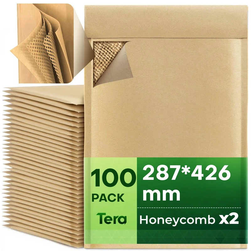 Tera Honeycomb Padded Paper Envelopes: A3 100pcs 28.7 x 42.5 cm Eco Friendly 4-Layer Self-Seal Biodegradable Compostable Recyclable Kraft Paper Great for Jewellery Business Shipping Bag
