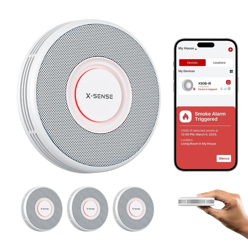 X-Sense Smart Wi-Fi Smoke Alarm with Voice Alerts and 17 Locations, Fire Alarm, 1.3 in (33 mm) Thick, XS0B-iR, 3-Pack