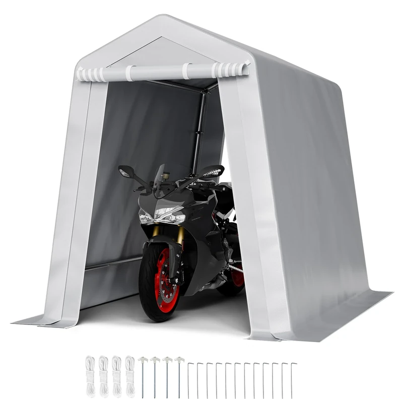 VEVOR Outdoor Storage Shed, 6 x 8 ft Portable Storage Tent with 2 Roll-up Doors & Vents, Waterproof Canopy Shed Shelter, Heavy Duty Frame, Patio Garage Carport for Motorcycle, Lawn Mower, Bike, Grey