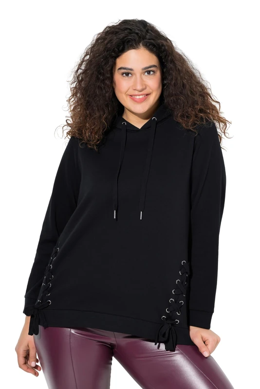 Ulla Popken Womenswear Plus Size Curvy Decorative Lace-Up Hoodie Black 54+ 842243100-54+
