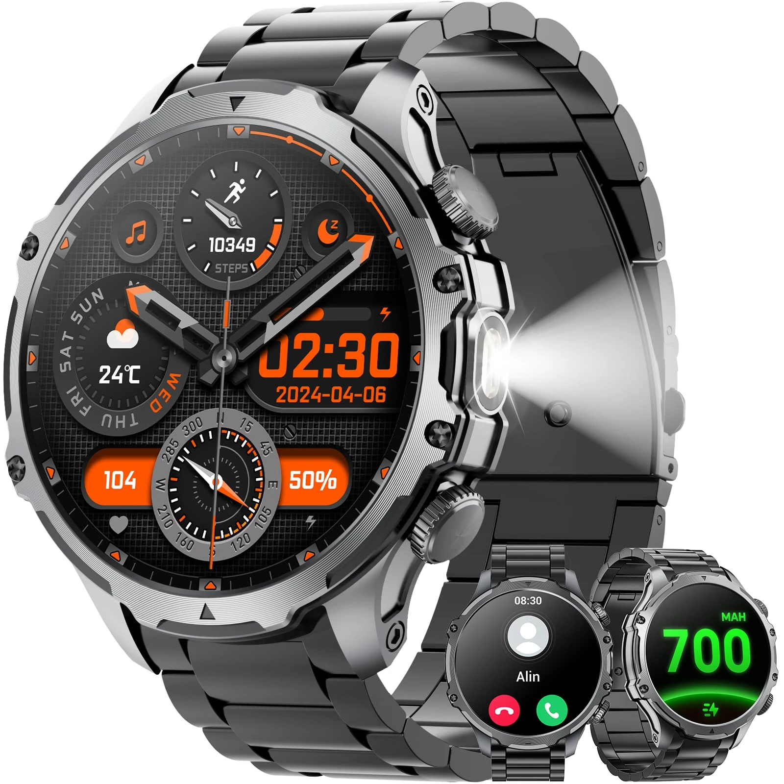 Military Smart Watch for Men (Answer/Make Call), 1,85" HD Touch Screen 700mAh Large Battery Fitness Watch with Flashlight/Heart Rate Fitness Tracker for iPhone & Android Black Steel Strip