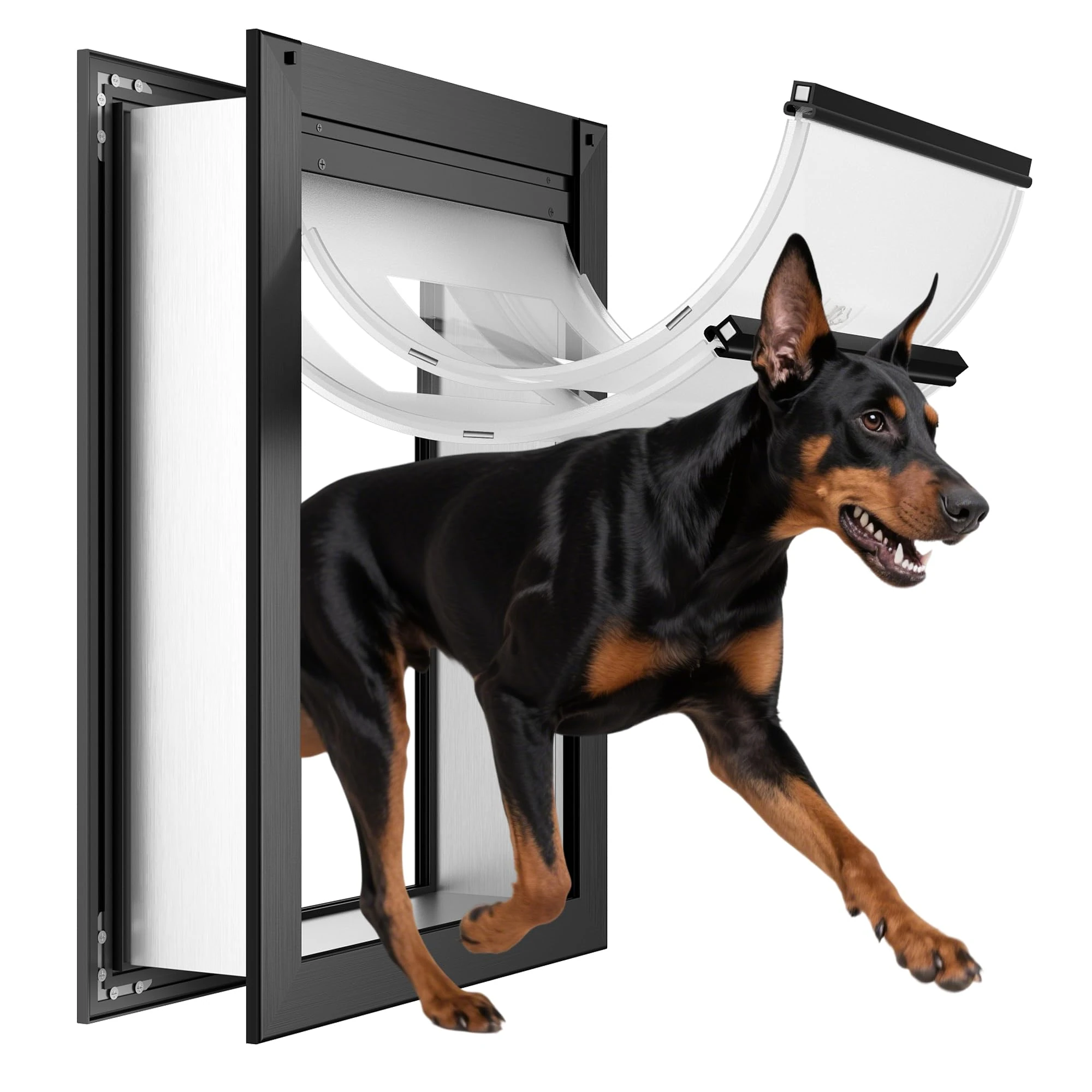 ClawJaw Aluminum Extra Large Dog Door for Wall, Double Flap XL Dog Door, Adjustable Tunnel, Strong and Durable, Easy to Install, Black(Pets Up to 220 Lb)-XLarge