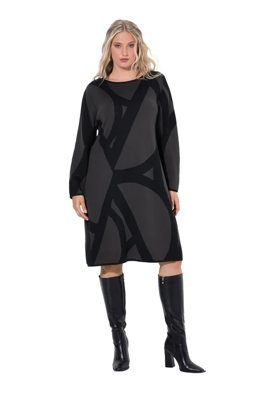 Ulla Popken Womenswear Plus Size Curvy Graphic Knit Long Sleeve Sweater Dress Khaki Grey 50+ 843353120-50+