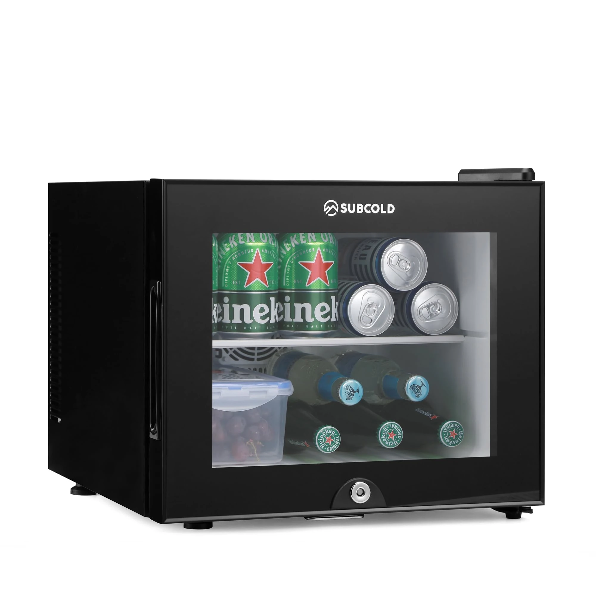 Subcold Aire20-G LED Mini Fridge | 20L Table Top Model | Quiet Frost Free Fridge for Bedrooms & Hotels | Lockable with Glass door & interior LED light (Black)