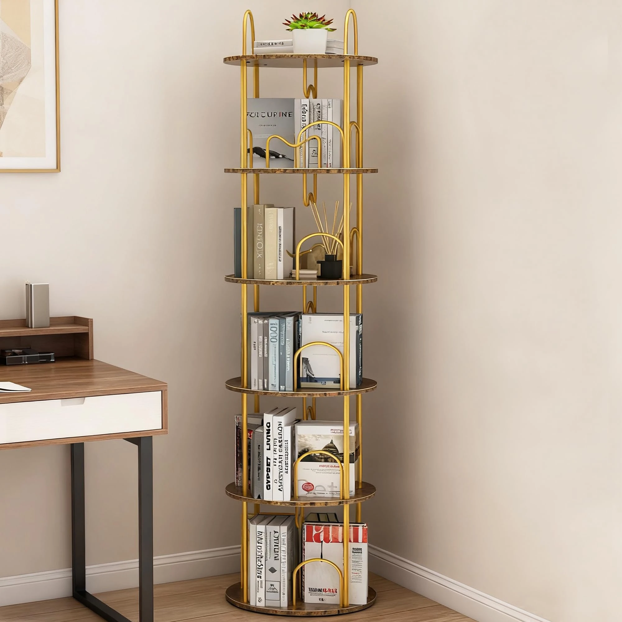 Merkisa 5 Tier Rotating Bookshelf, 360° Spinning Bookshelf Tower, Narrow Corner Book Shelf, Revolving Bookcase Corner Tall Book Shelf for Small Spaces, Bedroom, Living Room, Gold
