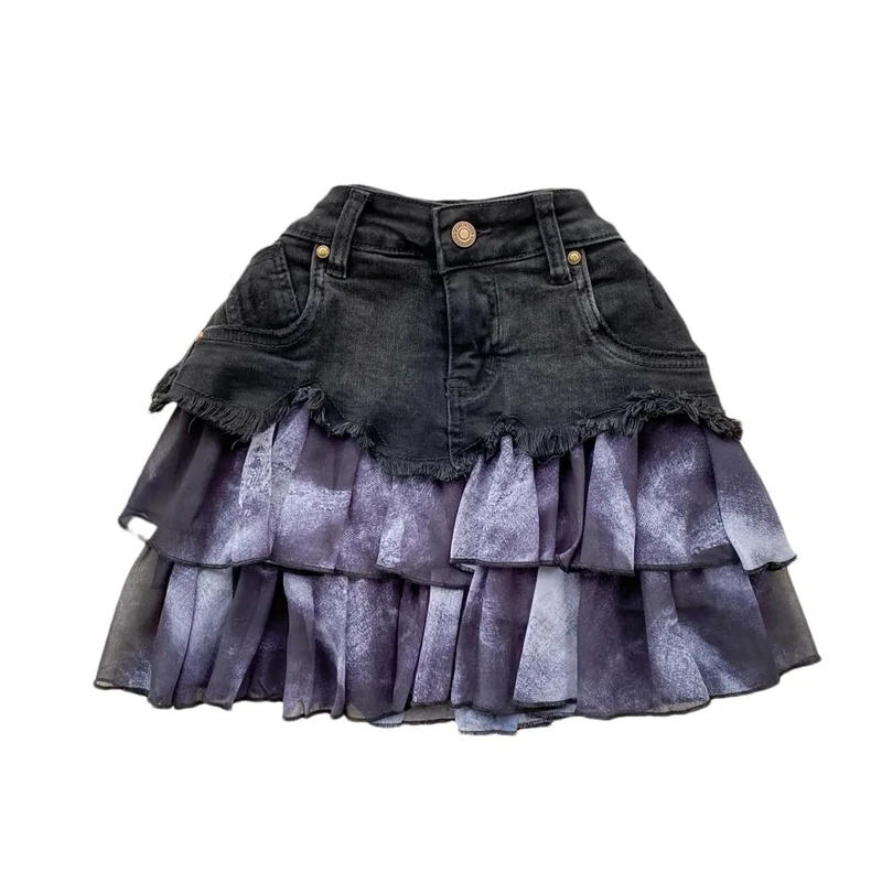 Women’S Chiffon Ruffle Splicing Denim Skirt Casual High Waist Stretch Mini Skirt