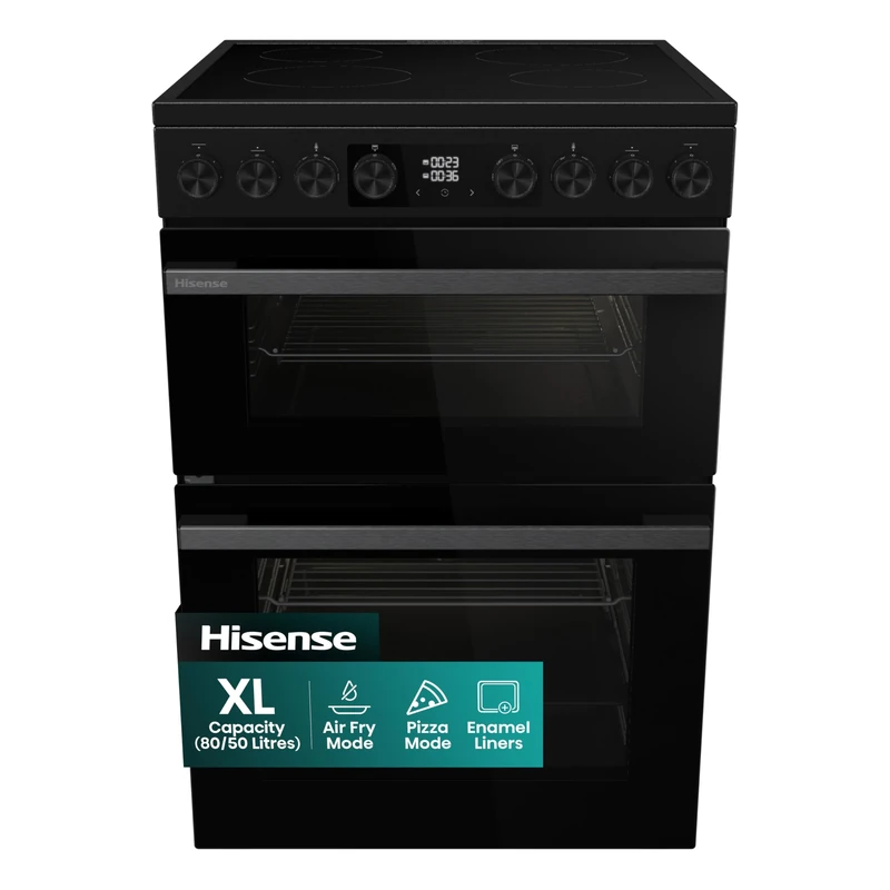 Hisense HDUKC60B 60cm Electric Cooker with Ceramic Hob-Black, A Rated Double Oven 50L/80L [Energy Class A]