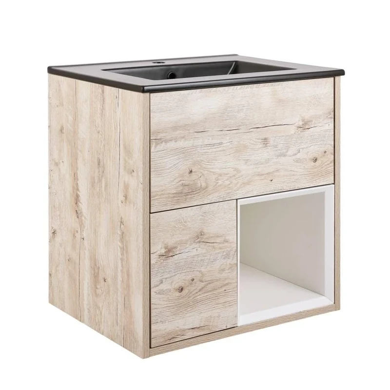 Milano Bexley Light Oak 612mm Wall Hung Bathroom Vanity Unit LED Lit Open Shelf Graphite Basin