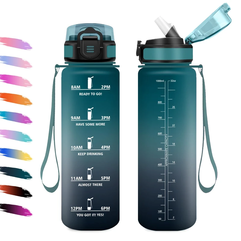 KollyKolla 1L Sports Water Bottle with Straw, Water Bottle with Time Marker, Easy to Clean, Waterproof and Reusable, Motivation Bottle for Office, Hiking, Cycling, Fitness, Outdoors, Yoga