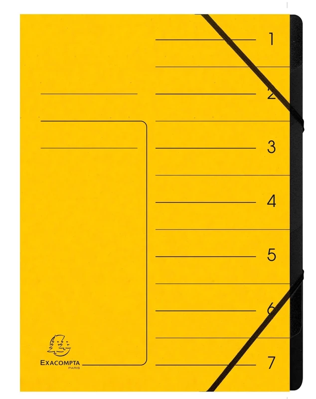 Exacompta - Ref 540709E - Box of 10 File folders with stapled Spine - with Elastic Bands - Glossy Card Printed Cover and Black Recycled Card Interior - 7 compartments - 24.5X 32cm - A4 - Yellow