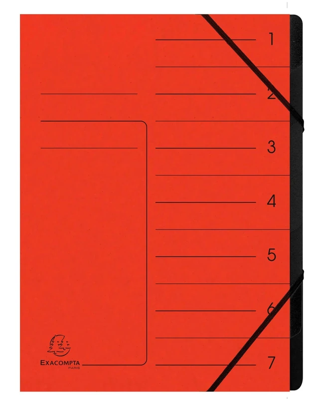 Exacompta - Ref 540705E - Box of 10 File folders with stapled Spine - with Elastic Bands - Glossy Card Printed Cover and Black Recycled Card Interior - 7 compartments - 24.5X 32cm - A4 - red