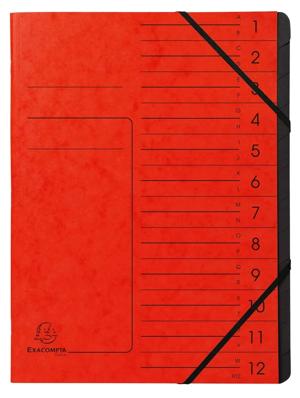 Exacompta - Ref 541205E - Box of 10 File folders with stapled Spine - with Elastic Bands - Glossy Card Printed Cover and Black Recycled Card Interior - 12 compartments - 24.5X 32cm - A4 - red