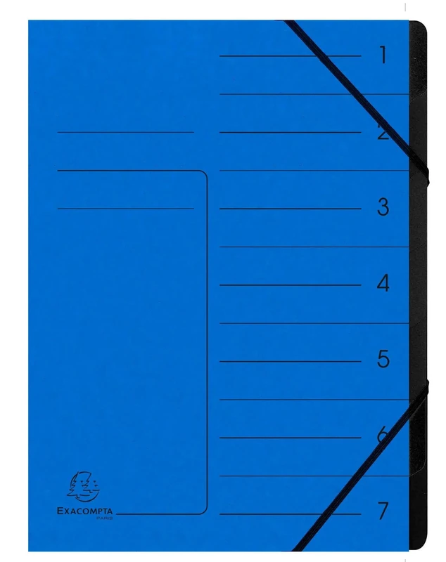 Exacompta - Ref 540702E - Box of 10 File folders with stapled Spine - with Elastic Bands - Glossy Card Printed Cover and Black Recycled Card Interior - 7 compartments - 24.5X 32cm - A4 - Blue
