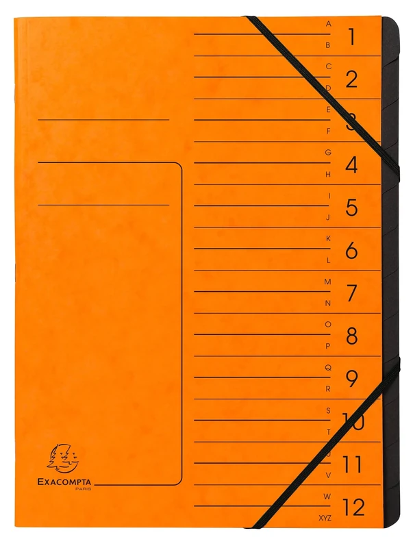 Exacompta - Ref 541204E - Box of 10 File folders with stapled Spine - with Elastic Bands - Glossy Card Printed Cover and Black Recycled Card Interior - 12 compartments - 24.5X 32cm - A4 - Orange