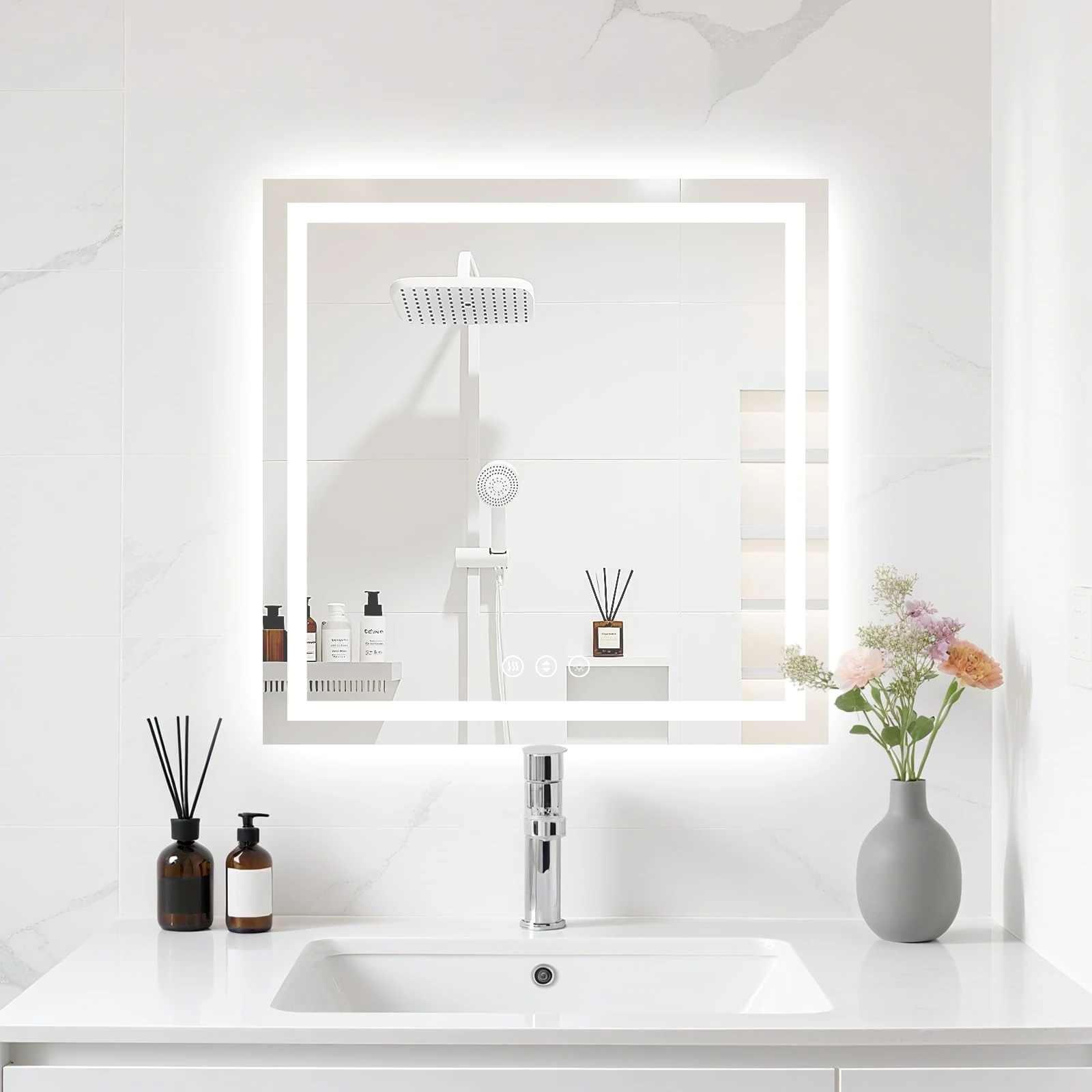 24X24 LED Bathroom Mirror with Lights, Anti-Fog, Backlit + Front Lit (CRI>90), Lighted Bathroom Vanity Mirror for Wall, Memory Function, Dimmable, Tempered Glass, Shatter-Proof, ETL Listed