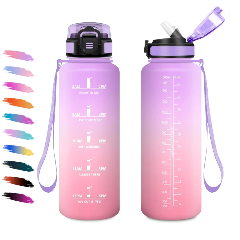 KollyKolla Sports Bottle, 1.5 L, Leak-Proof Drinking Bottle with Straw, Suitable for Carbonated Drinks, Motivational Water Bottle with Time Marking, Water Bottle for Climbing, Travel, Gym, Gym