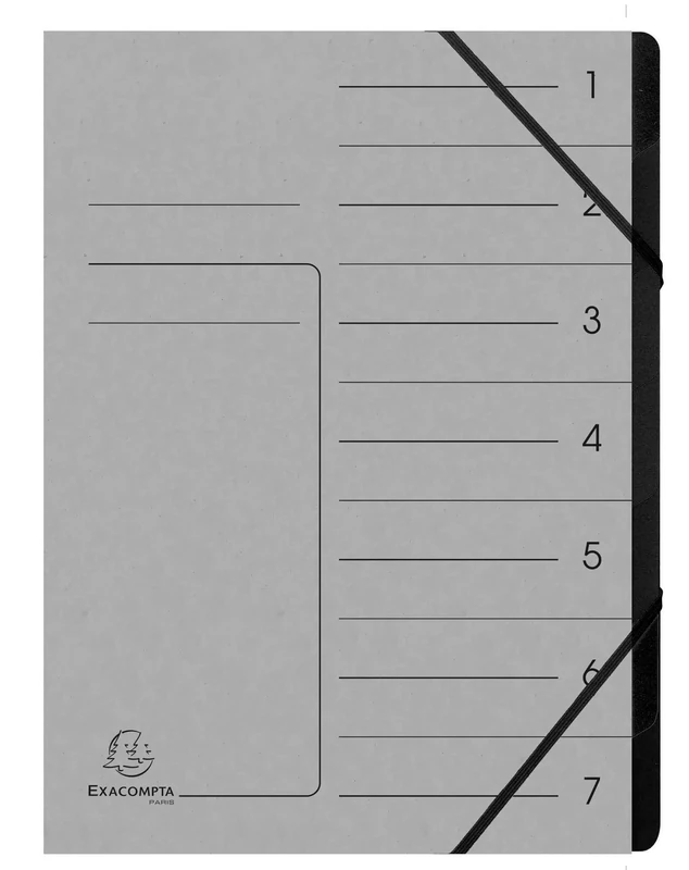 Exacompta - Ref 540711E - Box of 10 File folders with stapled Spine - with Elastic Bands - Glossy Card Printed Cover and Black Recycled Card Interior - 7 compartments - 24.5X 32cm - A4 - Grey