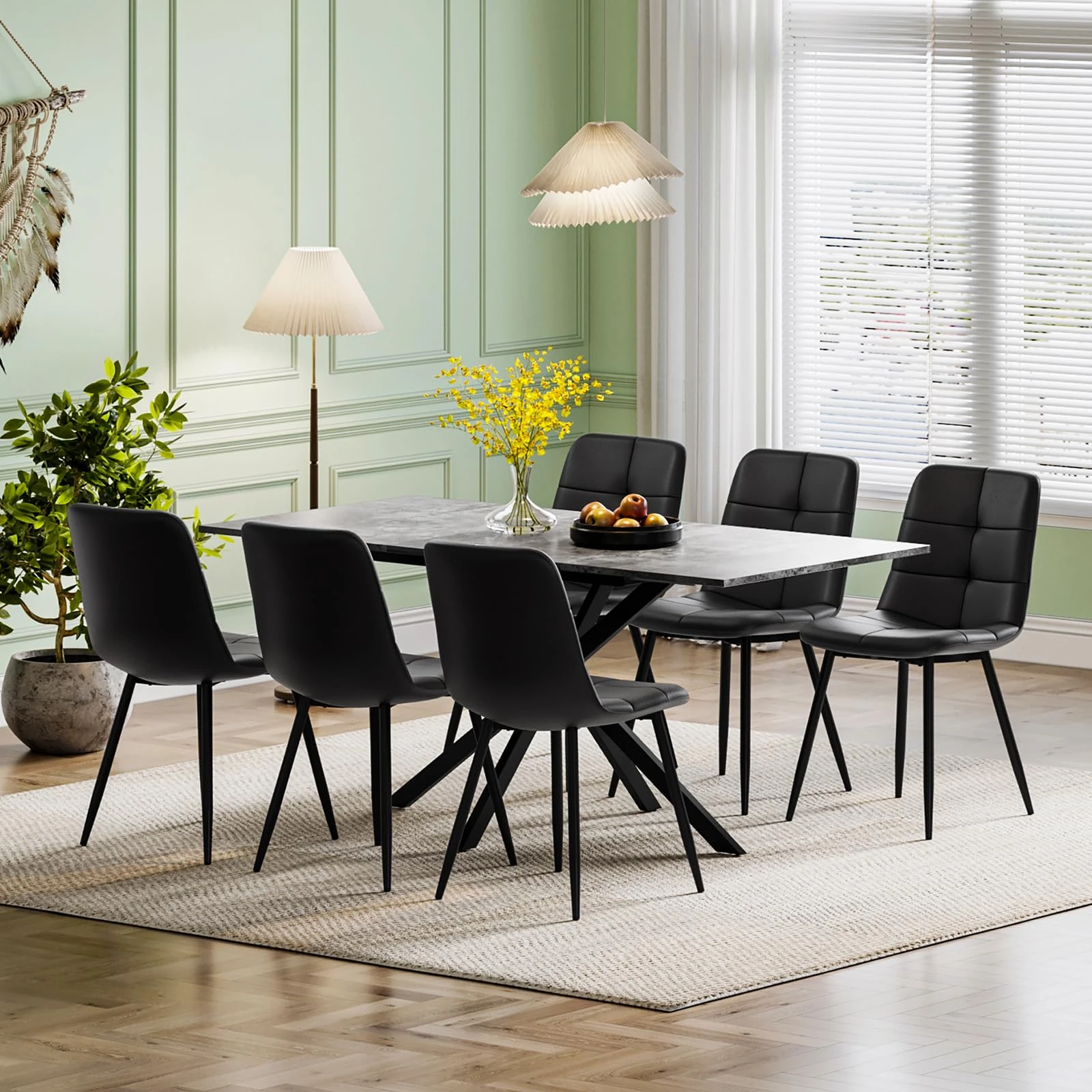 Luxstein Extendable Dining Table and Chairs Set of 6, Concrete Effect Rectangular Table with Upholstered Faux Leather Chairs for Dining Room,Kitchen