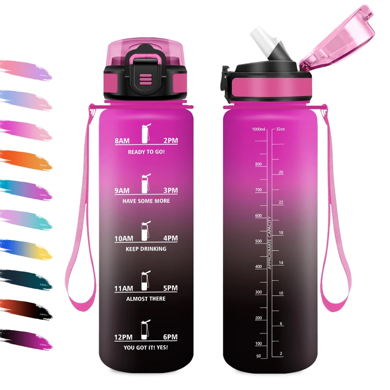 KollyKolla 1L Sports Water Bottle with Straw Leak Proof Easy Clean Motivational Water Bottle with Time Indicator for Camping, Cycling, School, Office, Work, Gym