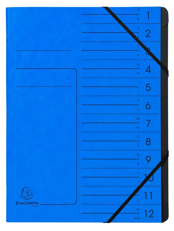 Exacompta - Ref 541202E - Box of 10 File folders with stapled Spine - with Elastic Bands - Glossy Card Printed Cover and Black Recycled Card Interior - 12 compartments - 24.5X 32cm - A4 - Blue