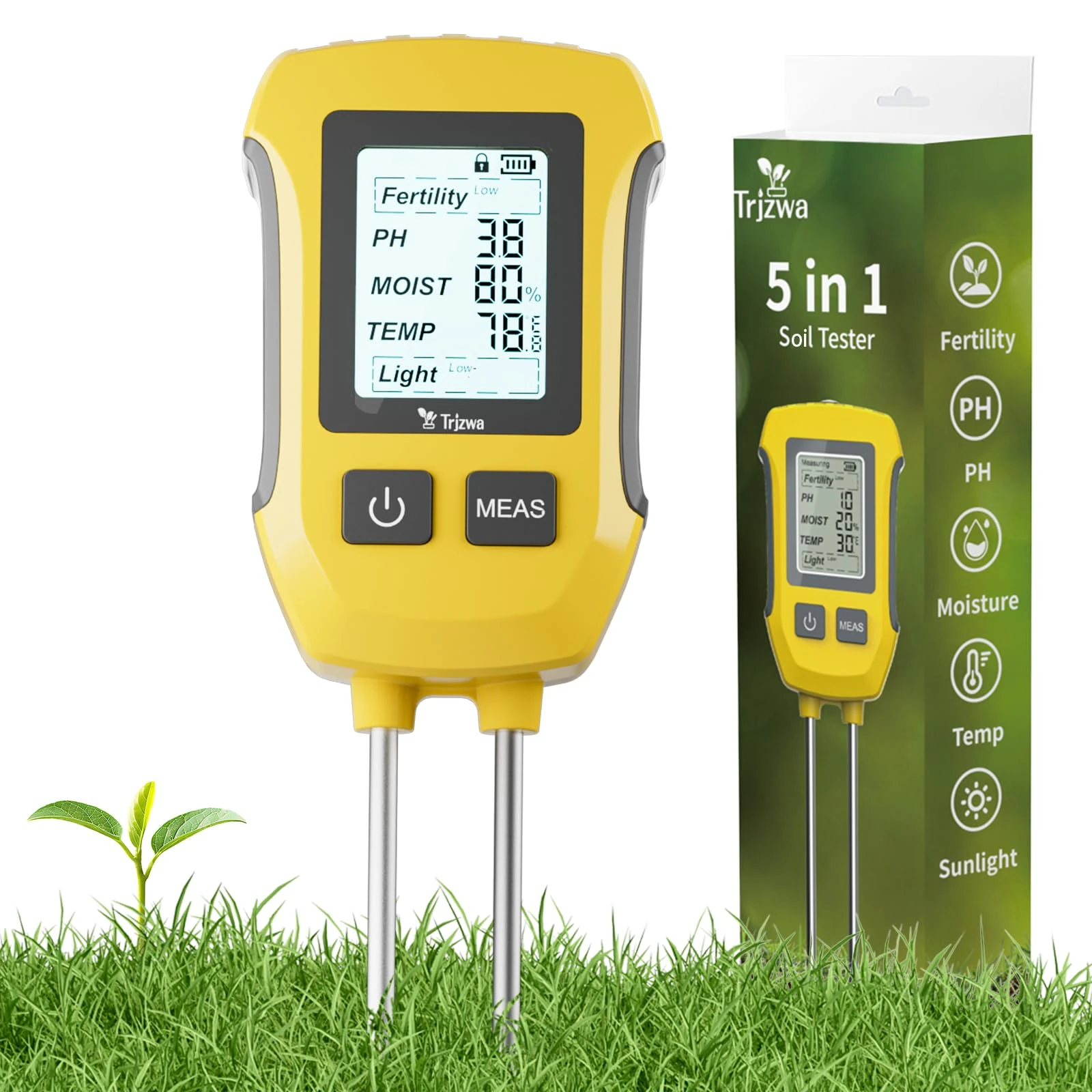 TRJZWA 5-in-1 Soil Moisture Meter, Fertility/PH/Soil Moisture/Temperature/Sunlight Intensity Soil pH Tester with Backlit LCD Display Plant Soil Test Kit for Gardens, Lawns, Yards and Farms