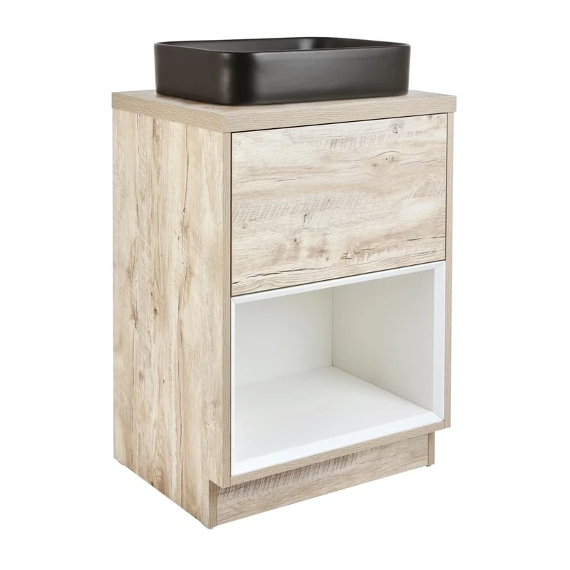 Milano Bexley Light Oak 600mm Bathroom Vanity Unit Rectangular Graphite Countertop Basin
