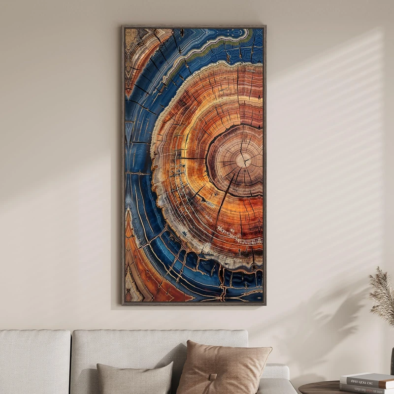 Framed Vertical Colorful Tree Ring Living Room Wall Art, Large Vintage Farmhouse Wood Stump Canvas Artwork for Walls, Rustic Nature Tree Ring Painting Print for Office Kitchen Foyer Stair Wall Decor