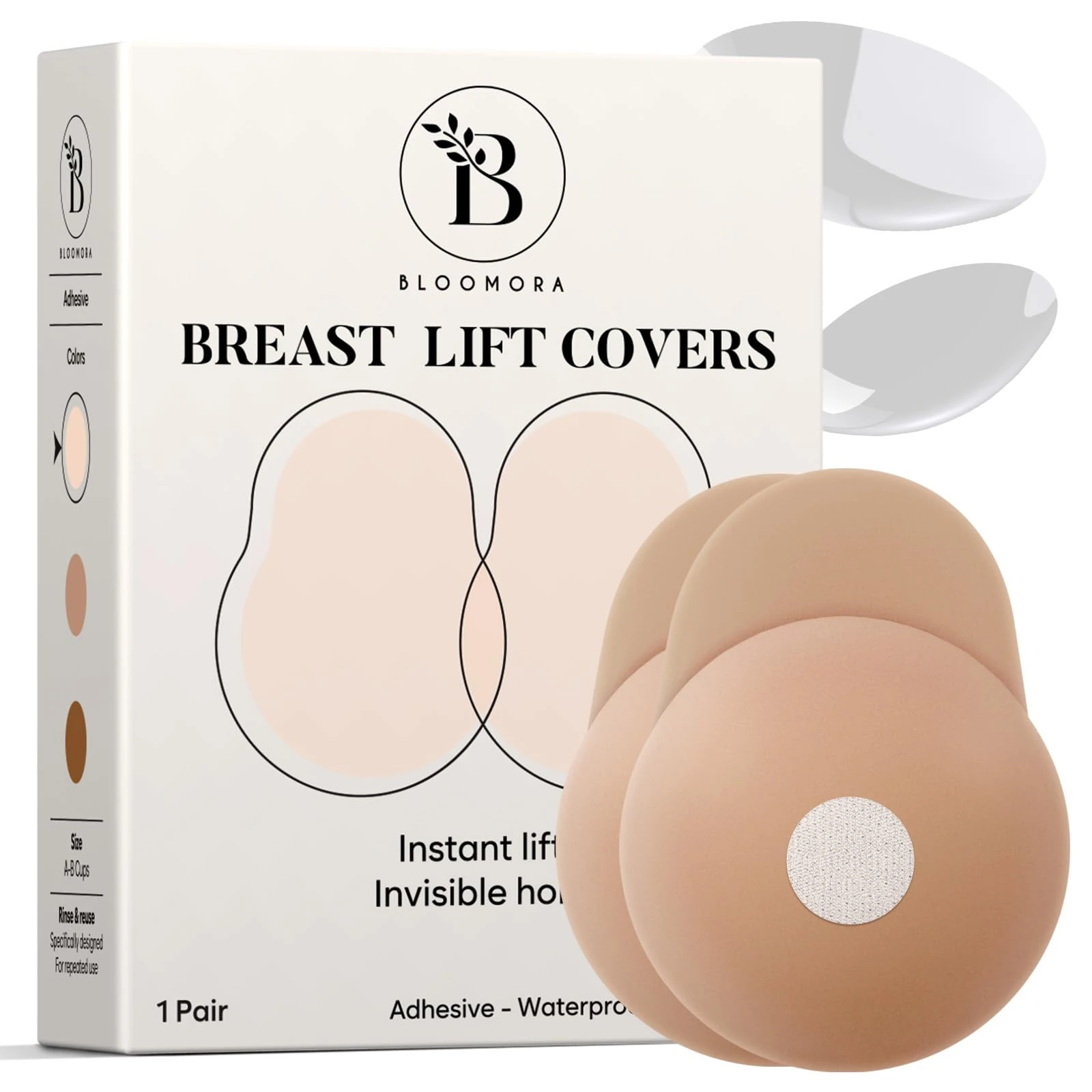BLOOMORA Nipple Covers for Women with Lift – Sticky Silicone Breast Lift Pasties – Reusable, Invisible & Adhesive Boob Covers with Pull Tab – Size 1 (C–D Cups) – Crème