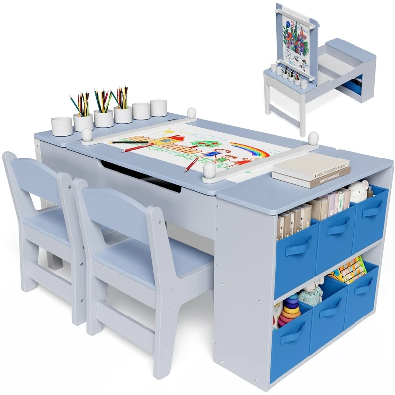 Clevich Kids Table and Chair Sets, Wooden Children Painting Table with 2 Chairs, 6 Storage Boxes, Paper Roll, Toddler DrawingTable and Chairs Set for Crafting, Writing and Learning