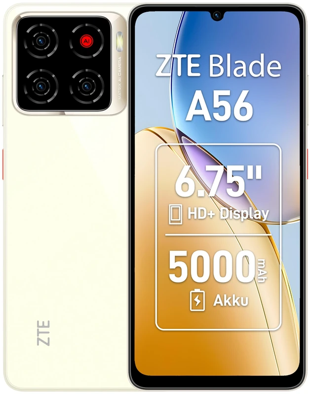 ZTE Blade A56 Smartphone without Contract, 6.75 Inch HD+ Display (90 Hz), 4G LTE, 4GB RAM + 64GB Memory, 13MP AI Camera, 8MP Front Camera, Dual SIM, Android 13, Gold (2025 Model)