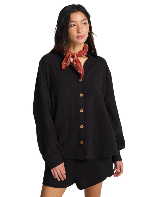 Billabong Button Down Shirt SWELL Blouse Womens Black