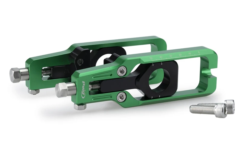 Puig 22204V Chain Tensioner; precise and sporty design; made of machined anodized aluminum; easy adjustment with visible markings; perfect aesthetic integration with swingarm, Green