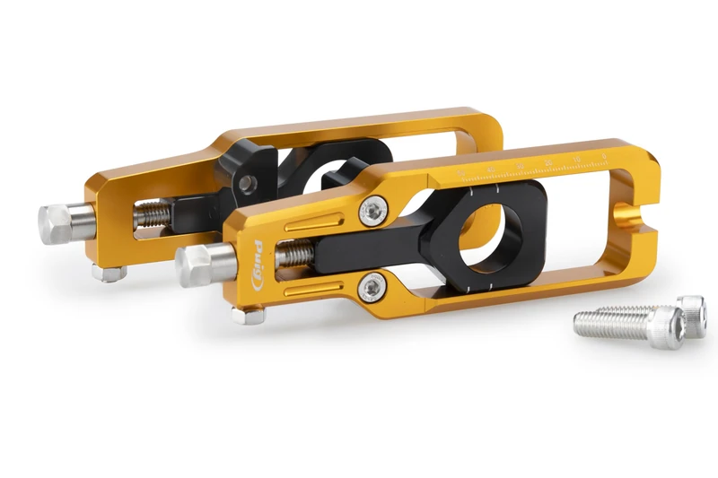 Puig 22204O Chain Tensioner; precise and sporty design; made of machined anodized aluminum; easy adjustment with visible markings; perfect aesthetic integration with swingarm, Gold