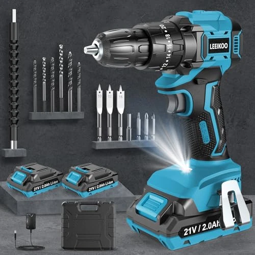 LEEIKOO Brushless 21V Cordless Drill Bit Driver with 2 Batteries 2.0Ah, 45N.m Percussion, 20+3 Torque Settings, 10 Accessories, 2 Speeds, LED, for DIY Project