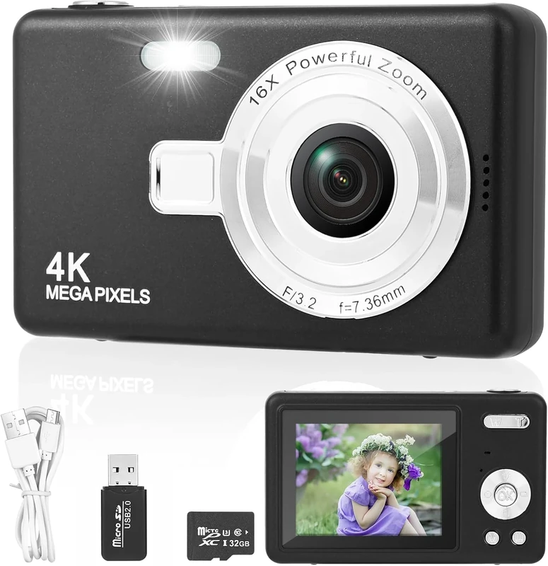 Digital Camera - 1080P FHD 44MP with 2.4" LCD Screen Compact Portable Vlogging Photo Camera with 32gb SD Card 16X Digital Zoom for Kids Teen Students Beginner