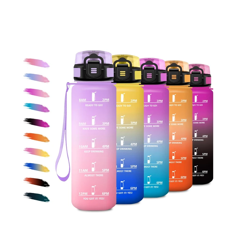Drinking Bottle, 1 Litre, Suitable for Carbonated Drinks, Water Bottle with Filter, Leak-Proof, Motivational Water Bottle with Time Marking, Sports Bottle for Fitness, Camping, Bike, Hiking, Yoga