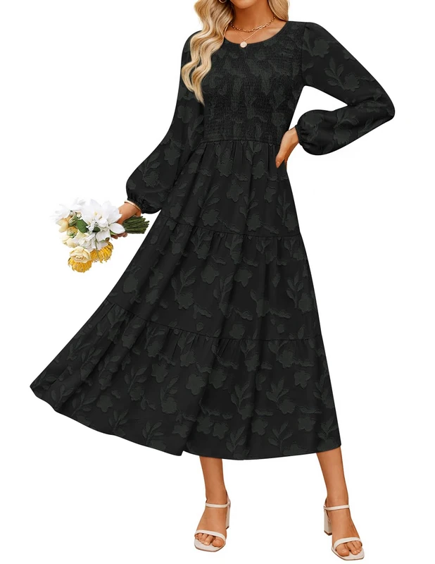 ZESICA Women's Fall Boho Floral Midi Dress 2025 Casual Long Sleeve Crewneck Flowy Weeding Guest Long Dresses, Black, XL - Image 1
