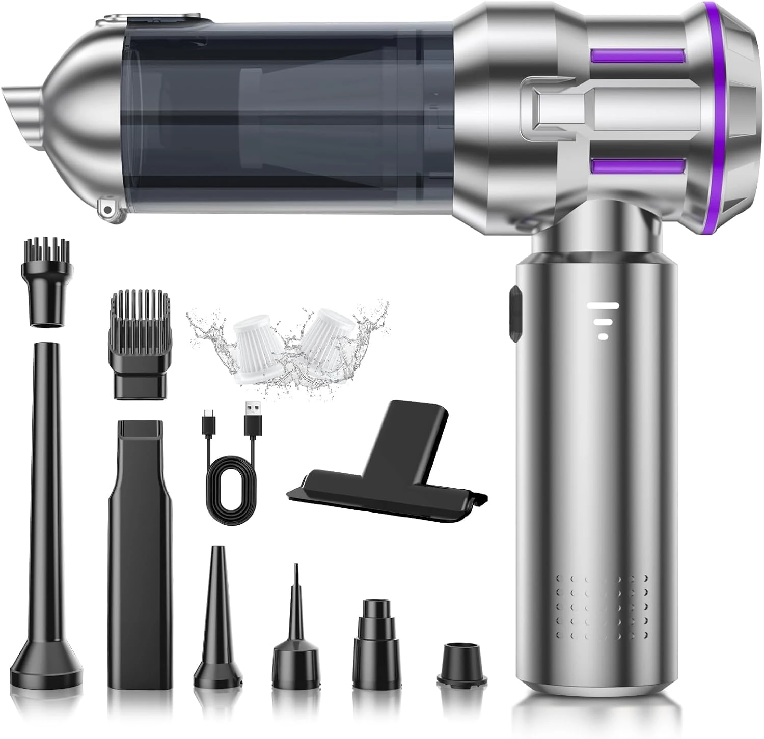 Handheld Vacuum Cleaner, 22000Pa 4-in-1 Car Vacuum Cleaner, 3 Speed Brushless Motor Car Hoover with One-Touch Cleaning, Hand Held Vacuum Cordless Mini Hoover for Home, Car, Office, Pet Hair, Silver