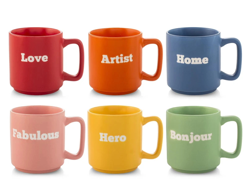 H&H Set of 12 Vibes Mug - New Bone China, Assorted Colours, 320cc - Dishwasher & Microwave Safe